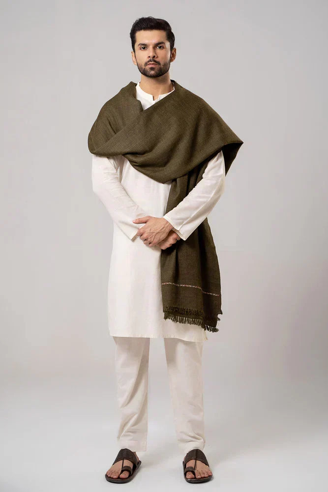 Men's Winter Wool Shawl - Olive Green