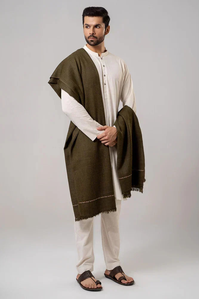 Men's Winter Wool Shawl - Olive Green